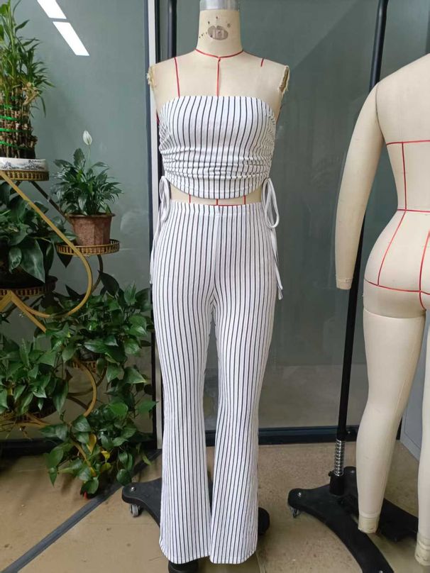 Women's Summer Set Striped Hollow Out Lace Up Top And Pants Two Piece Casual Elegant Outfit_ecoleips.com