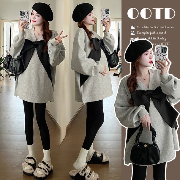 Autumn New Korean Fashion Loose Bowknot Air Cotton Maternity Dress_ecoleips.com