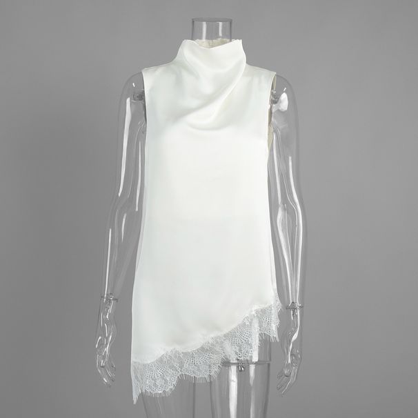 Women's Clothing Sleeveless Turtleneck Vest Top Lace Trimmed Satin Irregular Summer Fashion_ecoleips.com