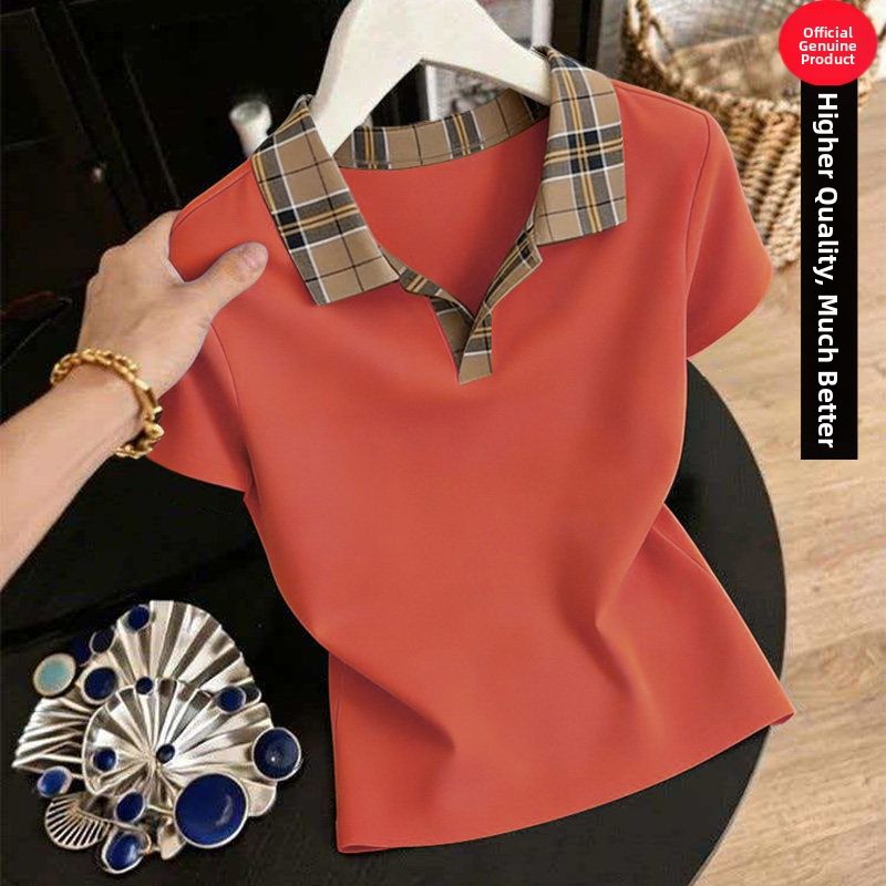 Stretch Cotton Casual Contrast Collar Polo Shirt For Women, Comfortable Breathable T-Shirt With Collar, Summer Fashion Top For Ladies And Mature Women_ecoleips.com