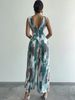 2026 Summer New Blue Pink Smudge Tie-dye Jumpsuit Women's V-neck Kinked Waist Satin Wide-leg Jumpsuit_ecoleips.com