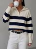 Women's Color Block Striped Collared Half Zip Pullover Sweater Long Sleeve Drop Shoulder Autumn Winter European American Style_ecoleips.com