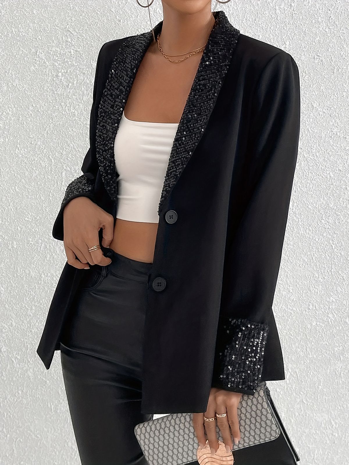 Cross-Border Foreign Trade European And American New Style Black Elegant Fashion Small Blazer Long Sleeve Sequin_ecoleips.com