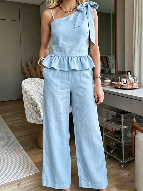 Women's Elegant Commuter Two Piece Set Sleeveless Camisole Bow Tie Top And Pants Solid Color European American Style_ecoleips.com