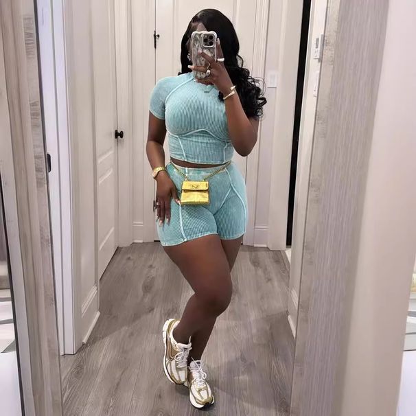 Verve Women's Ribbed Solid Color Round Neck Tight-Fitting Short Sleeve Top And Shorts Sports Casual Set_ecoleips.com