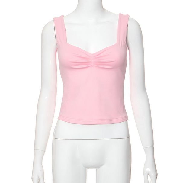 Women's Spring New Casual Slimming Splicing Open Umbilical Solid Color Square Collar Micro Pleated T-shirt_ecoleips.com