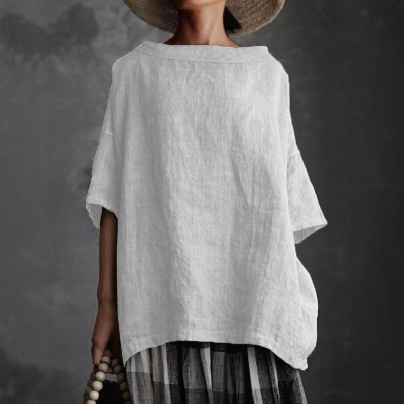 2026 Summer New Top Crew Neck Cotton And Linen Style Solid Color Loose Women's T-shirt_ecoleips.com