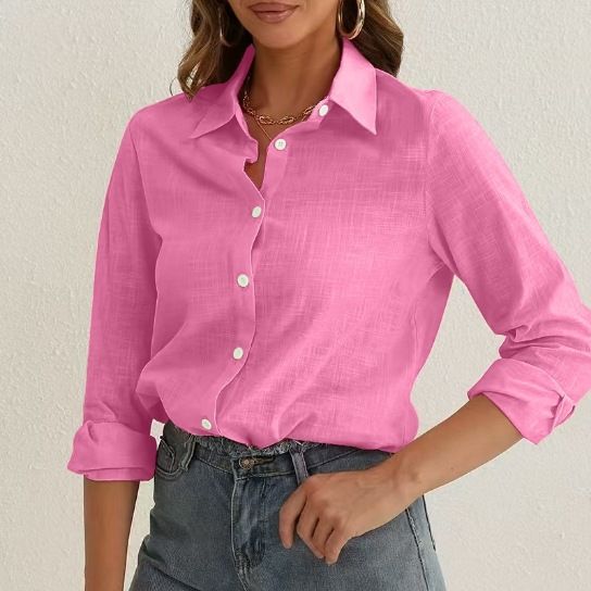 Women's Clothing Fashion Solid Color Long Sleeve Top Turn Down Collar Casual Loose Commuter Clothing_ecoleips.com