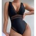 Trendy V-Neck One-Piece Swimsuit For Women - Sexy High-Waisted Slim Fit Bathing Suit, Comfortable Swimwear For Pool & Beach (Black/Blue, S/M/L)_ecoleips.com
