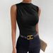 2024 Spring Summer New Fashion Versatile Solid Color Ruched Sleeveless Pullover Half High Neck T-Shirt For Women_ecoleips.com