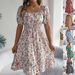 Women's Clothing Spring And Summer Floral Square Neck Short Sleeve Waist Ruffled A Line Skirt_ecoleips.com