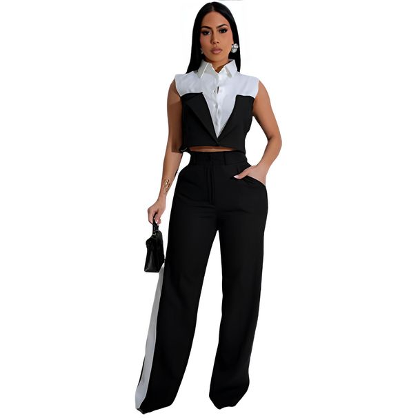 Spring Summer Fashion Color Contrasting Two Piece Set Women Short Sleeve Shirt Top Straight Long Pants Elegant 2 Piece Set Women_ecoleips.com