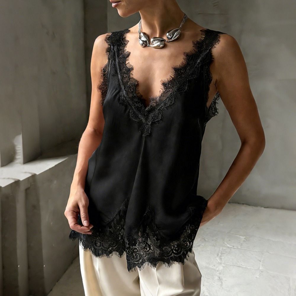 Sexy Lace Patchwork Sleeveless V-neck Top Spring And Summer Women's Elegant Solid Hollow Embroidery Design Soft Cool Casual Vest_ecoleips.com