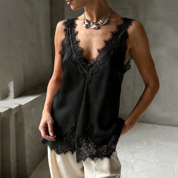Sexy Lace Patchwork Sleeveless V-neck Top Spring And Summer Women's Elegant Solid Hollow Embroidery Design Soft Cool Casual Vest_ecoleips.com