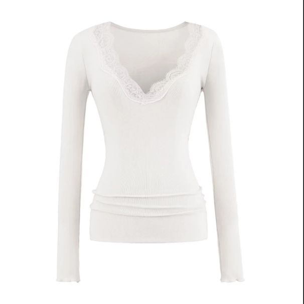 V-Neck Lace Trim Long Sleeve Tee – Slim Fit Stretch Knit Top For Women (Black/White/Purple/Milk Tea/Pink/Navy/Cocoa Brown)_ecoleips.com