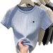 Women's Summer Knitted T-Shirt Short Sleeve Round Neck Embroidered Shoulder Block Base Layer Top_ecoleips.com
