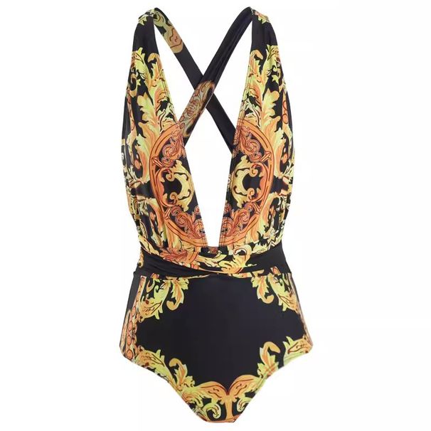 Women's Sexy Deep V Neck Tummy Concealing Swimsuit Retro Print French Style Long Robe Two Piece Set Slimming Design For Summer Vacation_ecoleips.com