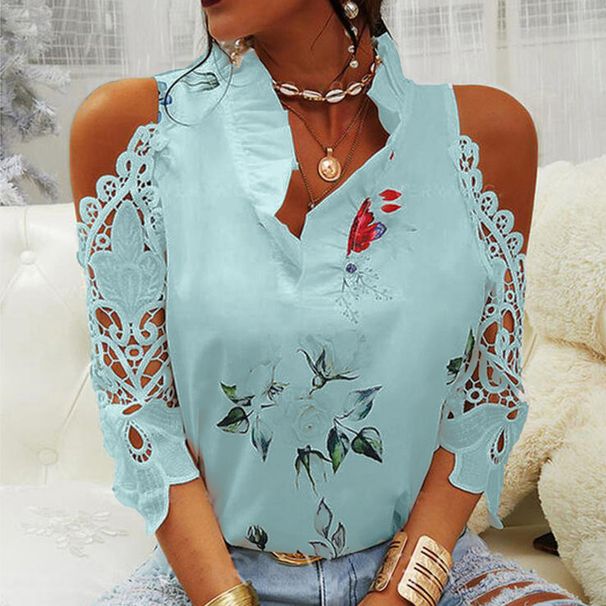 2025 European And American Summer New Women's Tops Shirts Flower Print Off Shoulder Lace Stitching Long Sleeved Shirt For Women_ecoleips.com