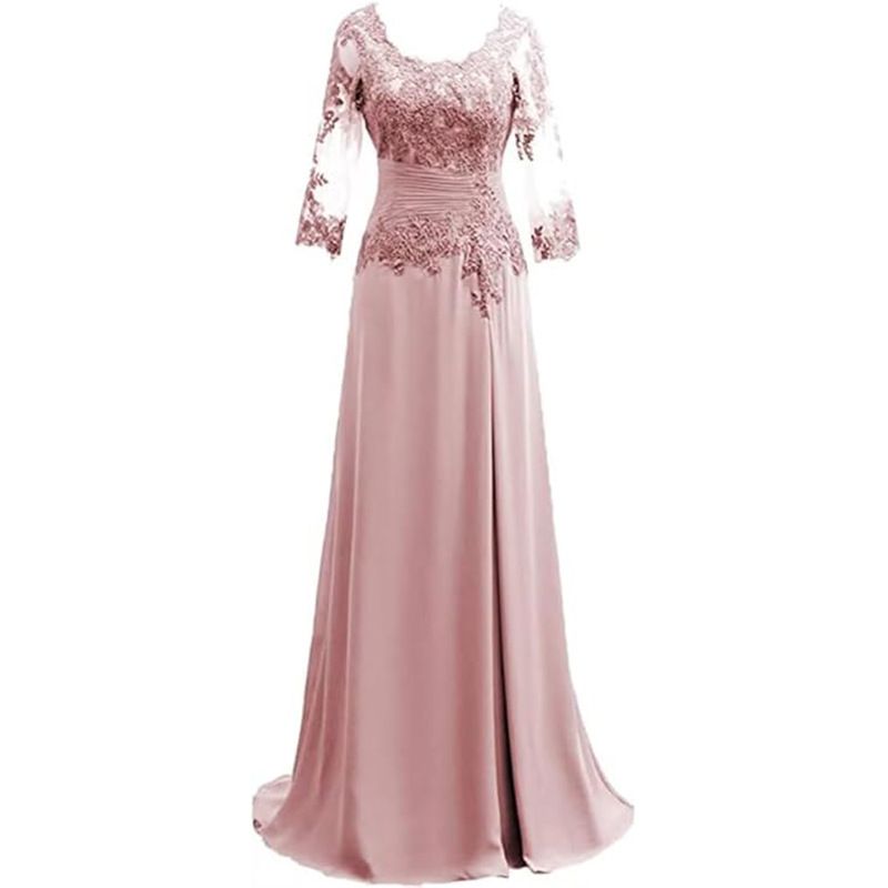 Women's Clothing Lace Evening Dress Applique Bride Toast Dress Three Quarter Sleeve Low Round Neck Banquet Evening Dress_ecoleips.com