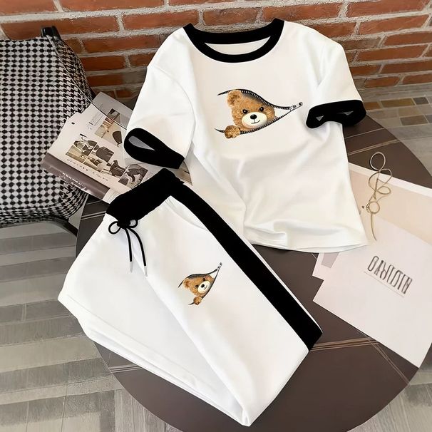 2026 Summer New Zipper Bear Print Color Matching Design Women's Fashion Suit_ecoleips.com