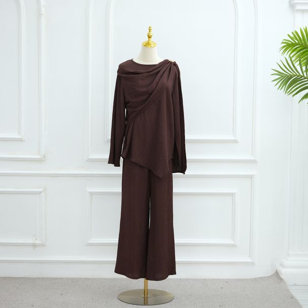 Women's Clothing Flowers Solid Color Button-Up Cardigan Pants Set Elegant Office Wear Effect Comfortable Polyester Blend Available In White Coffee_ecoleips.com