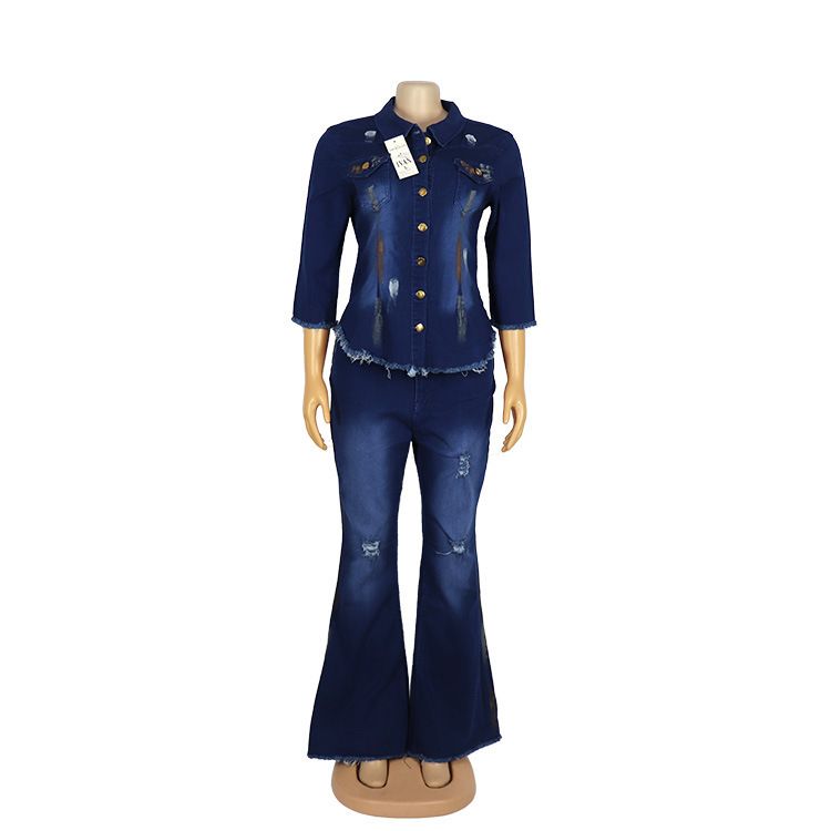 European And American African Style Women's Denim Outfit Fashion Stretch Cotton Flared Pants Handmade Craft Drawing_ecoleips.com