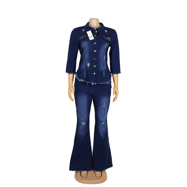 European And American African Style Women's Denim Outfit Fashion Stretch Cotton Flared Pants Handmade Craft Drawing_ecoleips.com