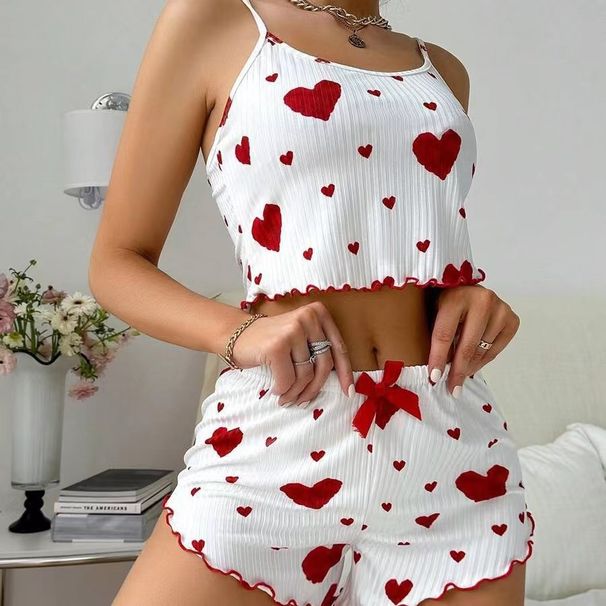 European And American Cross-Border Hot-Selling Women's Homewear Heart Knitted Printed Pajama Set Camisole Shorts Casual_ecoleips.com