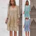 Women's Lace Trim Dress - Spring/Summer Solid Color A-Line V-Neck Flutter Sleeve Dress (Green, Blue, Camel)_ecoleips.com