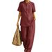 Women's Linen Button-Up Shirt Wide-Leg Pants Set Sky Blue Burgundy Beige Khaki Relaxed Fit Loungewear S-3XL_ecoleips.com