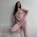 Women's Clothing Knit Sweater & Wide Leg Pants Set - High Neck Slit Pullover With Loose Fit Trousers, Streetwear Outfit In Dusty Pink & Cream_ecoleips.com