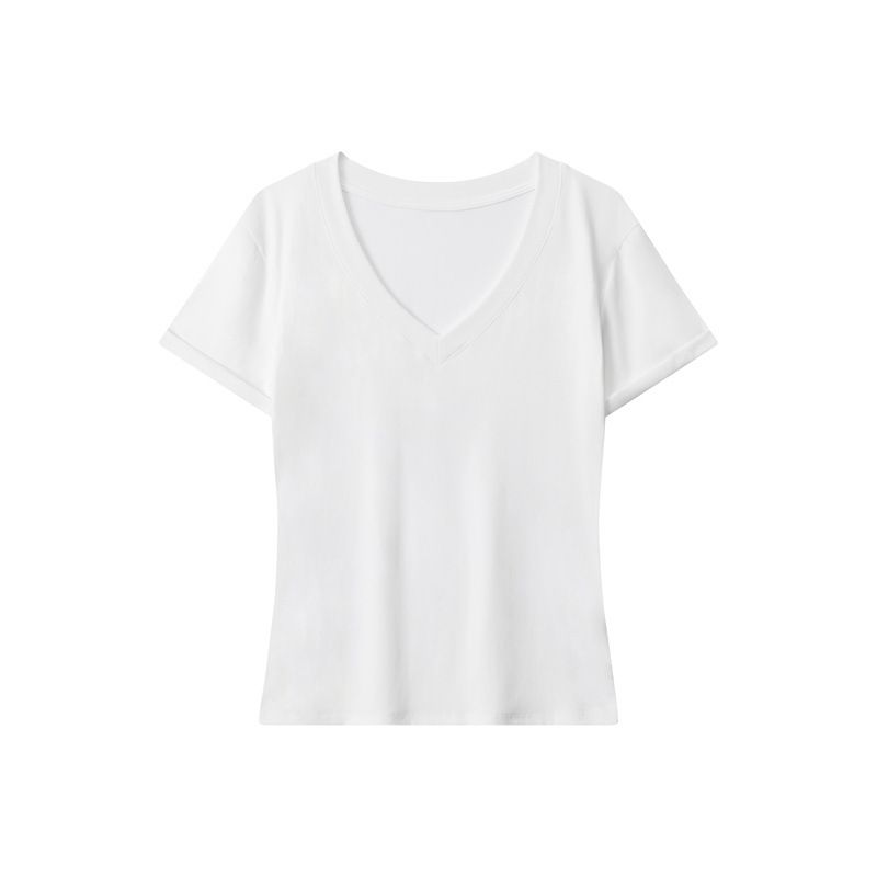 Women's Slim-Fit V-Neck Basic Tee Stretch Cotton Top Versatile Casual Style_ecoleips.com