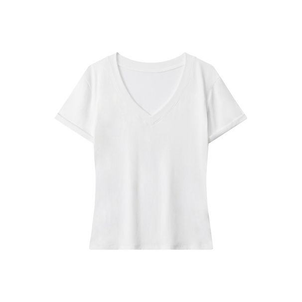 Women's Slim-Fit V-Neck Basic Tee Stretch Cotton Top Versatile Casual Style_ecoleips.com