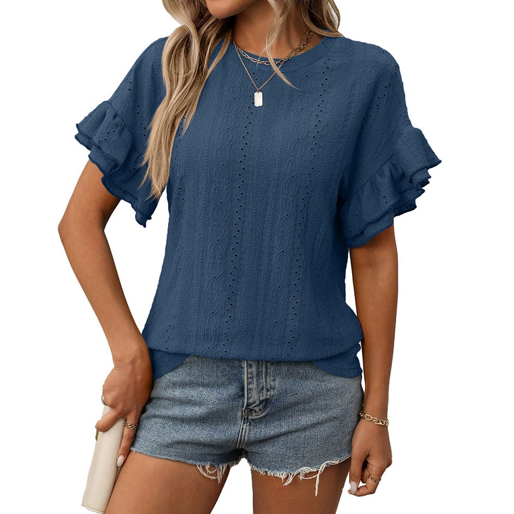 Women's Solid Color Short Sleeve T-Shirt With Flutter Sleeve, Round Neck Blouse Top For Summer, Casual Elegant Tee_ecoleips.com