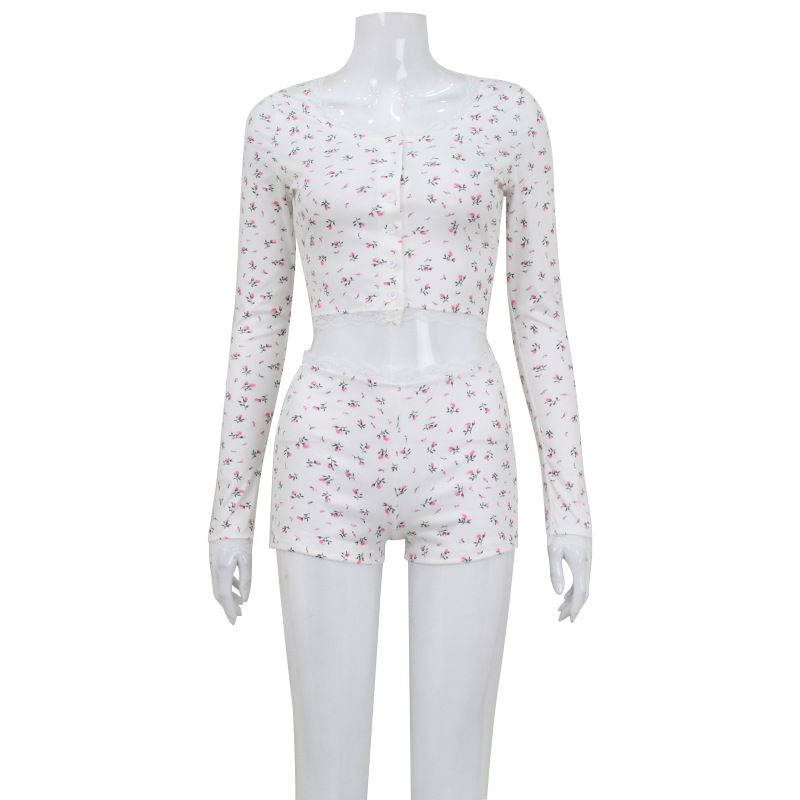 K Floral Print Set, Low Cut Round Neck, Tight Fitting Long Sleeved Top, Shorts, Home Wear_ecoleips.com