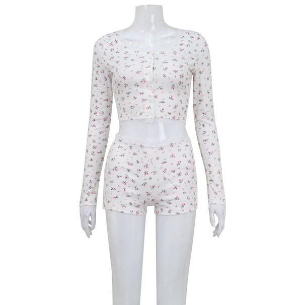 K Floral Print Set, Low Cut Round Neck, Tight Fitting Long Sleeved Top, Shorts, Home Wear_ecoleips.com