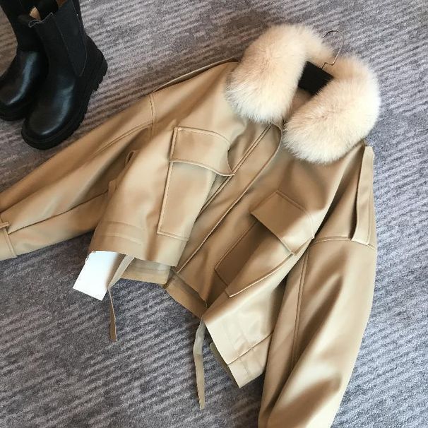 Women’s Faux Leather Jacket With Detachable Fox Fur Collar – Plush Winter Coat (Black/Khaki, S-3XL)_ecoleips.com