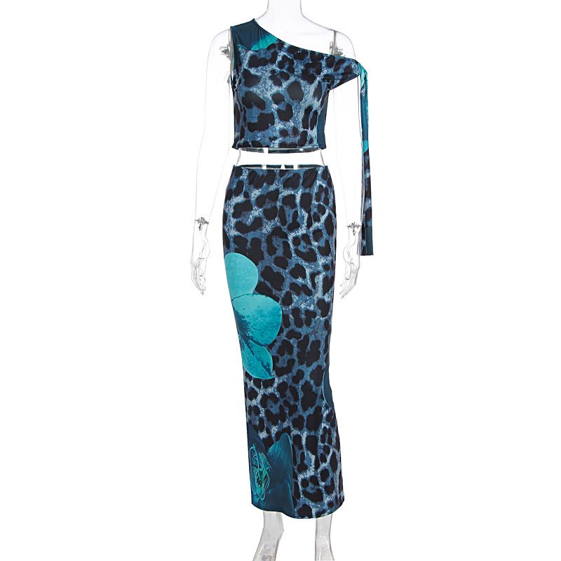 Women Fashion Elegant Printed One Shoulder Strappy Slim Fitted Top Low Waist Long Dress Two Piece Set Party Casual Outfit135_ecoleips.com