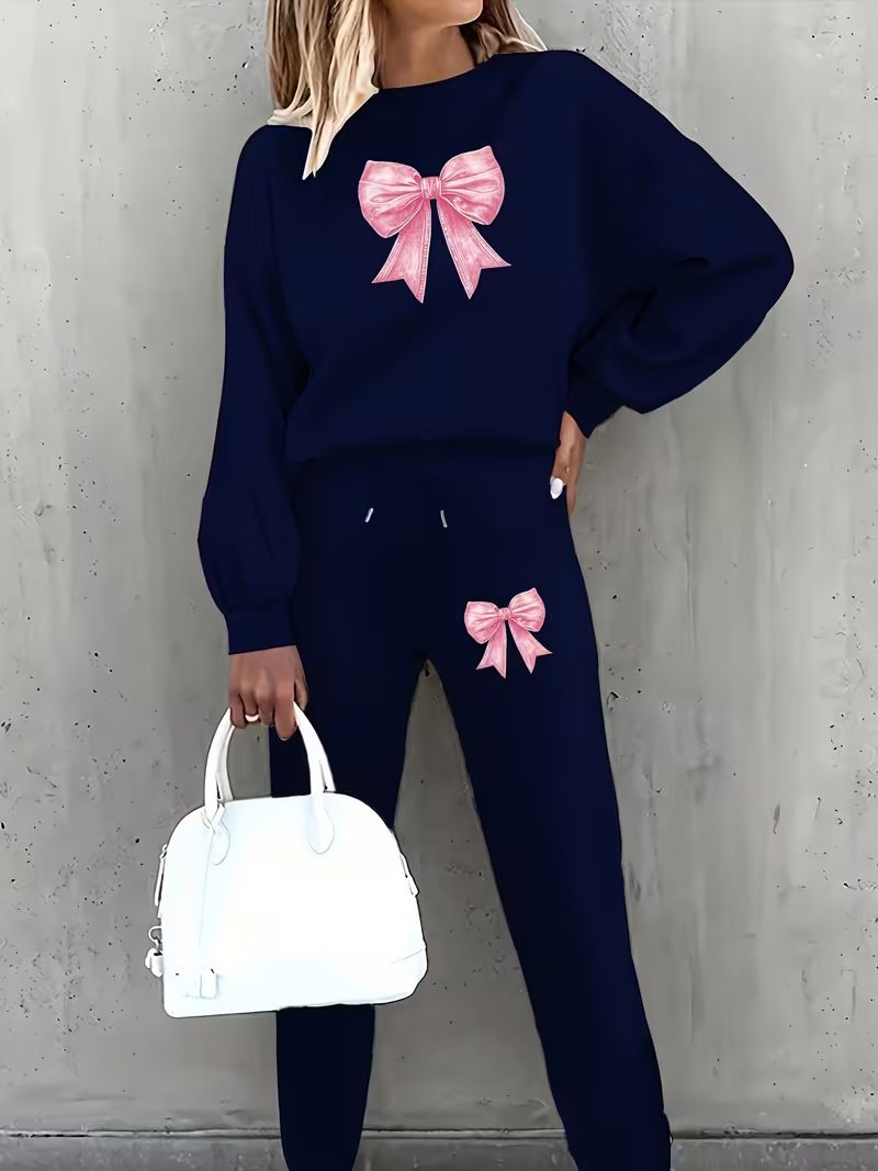 Bow-Print Fleece Lounge Set – Long-Sleeve Top & Jogger Pants (5 Colors, S-XXL) | Cozy Winter Loungewear For Women_ecoleips.com