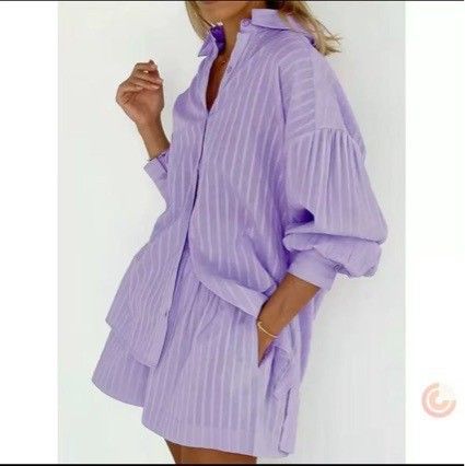 European And American Style Jacquard Shirt 2026 Women's Striped Puff Sleeve Shorts Casual Suit With A Sense Of Design_ecoleips.com