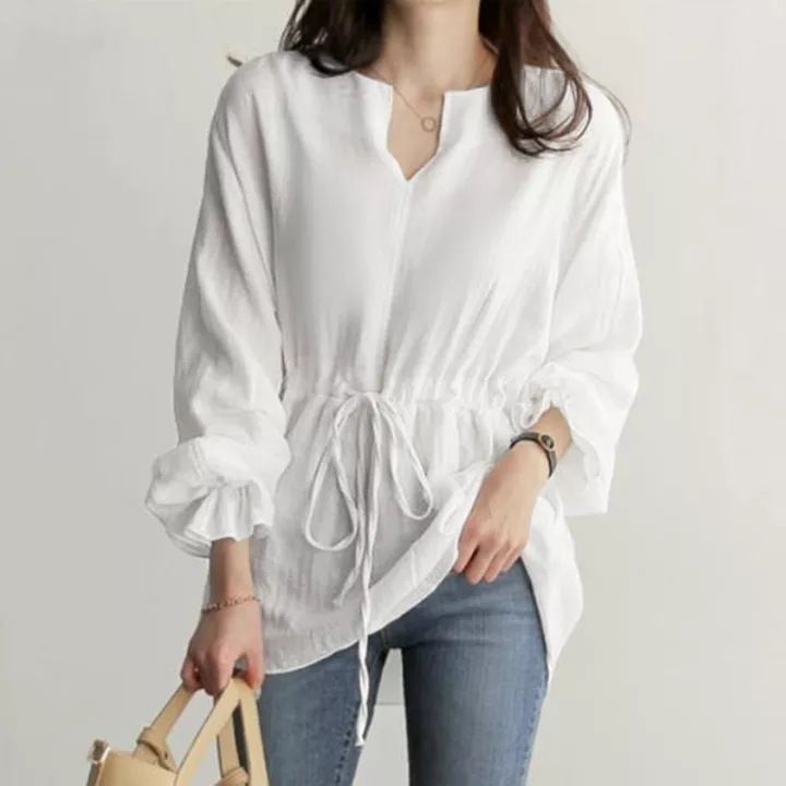 2025 Women's Long Sleeve V Neck Shirt Drawstring Waist Solid Color Top_ecoleips.com