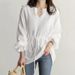 2025 Women's Long Sleeve V Neck Shirt Drawstring Waist Solid Color Top_ecoleips.com