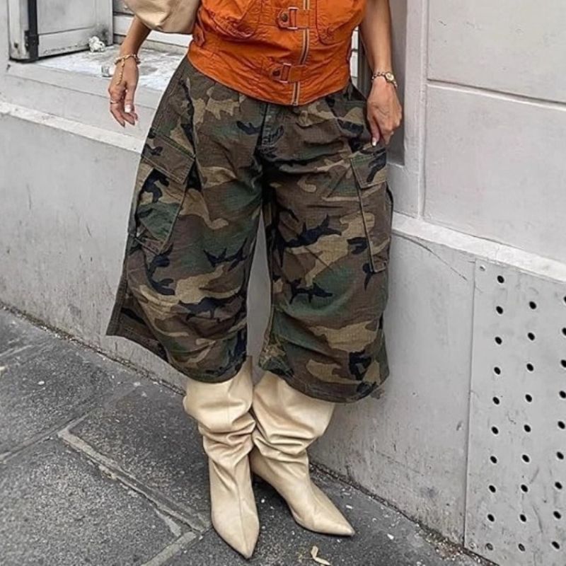K European And American Style Women's Street Fashion Trendsetters Fashion Casual Camouflage Workwear Style Pocket Loose Wide Leg Pants_ecoleips.com