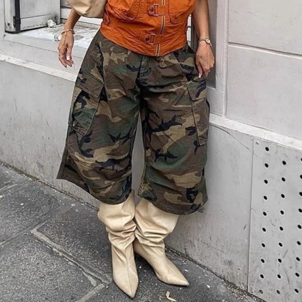 K European And American Style Women's Street Fashion Trendsetters Fashion Casual Camouflage Workwear Style Pocket Loose Wide Leg Pants_ecoleips.com