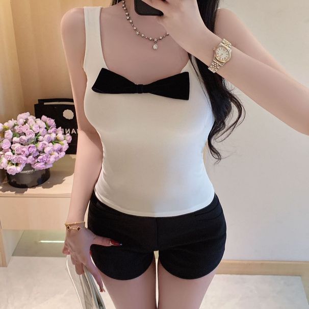 Purely Desirable Style Bow-tie Girl's Elastic Camisole Summer Slim-fit Sleeveless Design Cotton Sweet Top Trendy_ecoleips.com