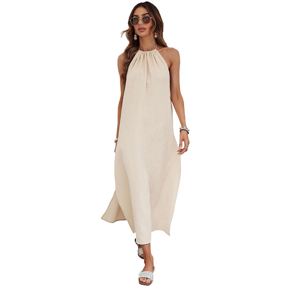 Voya Women's Woven Casual Style Design With A Big Backless Seaside Vacation Hanging Neck Dress_ecoleips.com