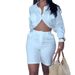 Women's Clothing Elegant Solid Color Loose Long Sleeved Waist Baring Shirt High Waist Shorts Suit_ecoleips.com