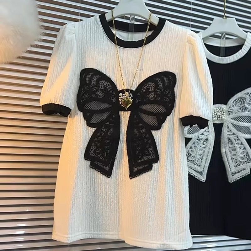 Women's Clothing Super Large Size 300 Catties Women's Short Sleeved Tops Fat Girls Reduce Age Leisure Versatile Loose Bow Short Sleeved T Shirt_ecoleips.com