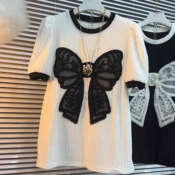 Women's Clothing Super Large Size 300 Catties Women's Short Sleeved Tops Fat Girls Reduce Age Leisure Versatile Loose Bow Short Sleeved T Shirt_ecoleips.com