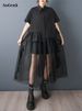 2026 Summer New Patchwork Mesh Shirt Dresses For Woman Short Sleeve Loose Casual Vintage Ladies Dress Fashion Elegant Clothing_ecoleips.com